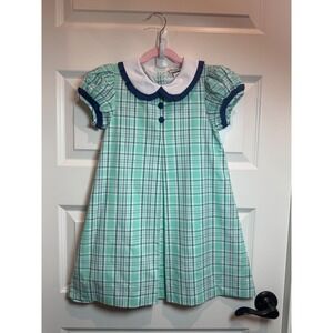 Smockingbird Girls Mint Green Navy Plaid Peter Pan Collar Dress Size 5